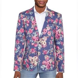 Bar III Navy Blue and Pink Floral Men's Slimfit Two-Button Blazer Size 36R EUC